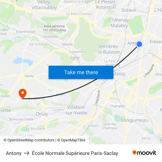 Antony to École Normale Supérieure Paris-Saclay map