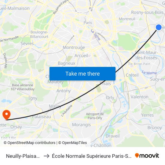 Neuilly-Plaisance to École Normale Supérieure Paris-Saclay map