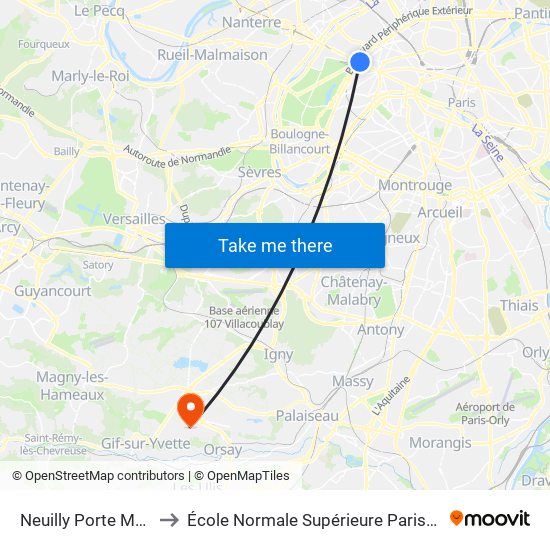 Neuilly Porte Maillot to École Normale Supérieure Paris-Saclay map