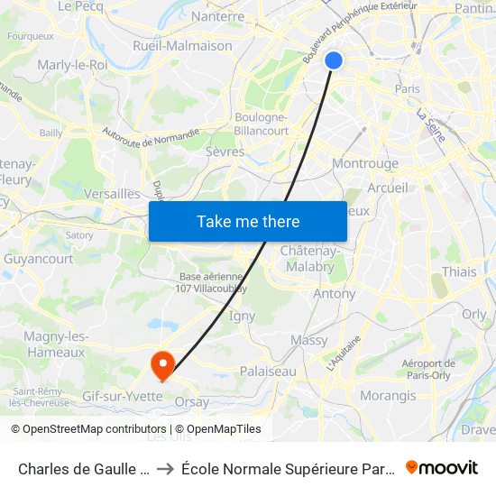 Charles de Gaulle Etoile to École Normale Supérieure Paris-Saclay map