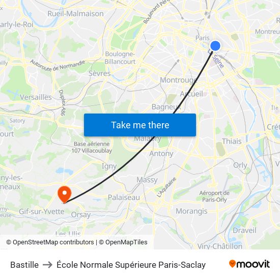 Bastille to École Normale Supérieure Paris-Saclay map
