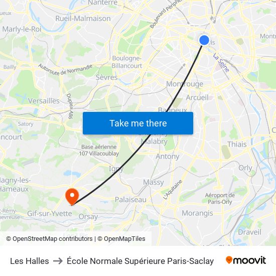 Les Halles to École Normale Supérieure Paris-Saclay map