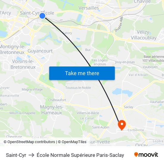 Saint-Cyr to École Normale Supérieure Paris-Saclay map