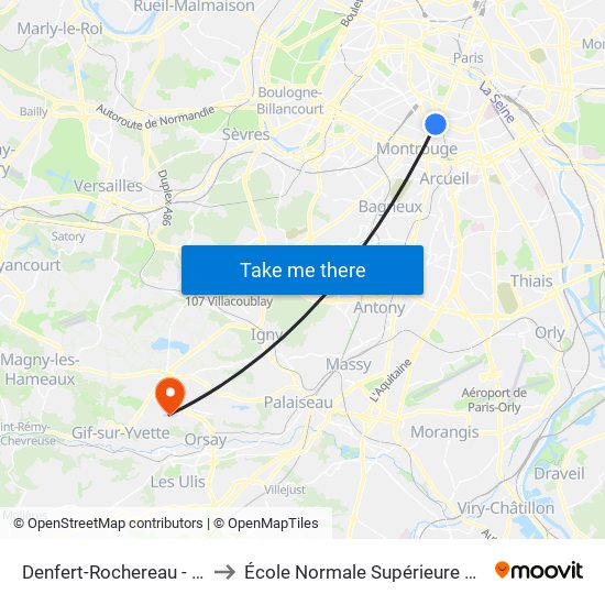 Denfert-Rochereau - Daguerre to École Normale Supérieure Paris-Saclay map