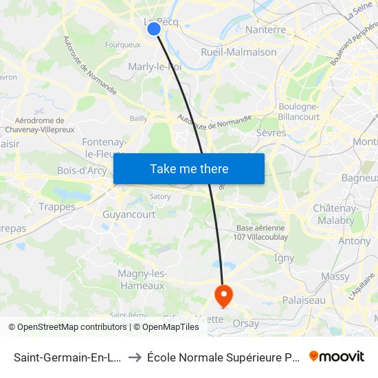 Saint-Germain-En-Laye RER to École Normale Supérieure Paris-Saclay map