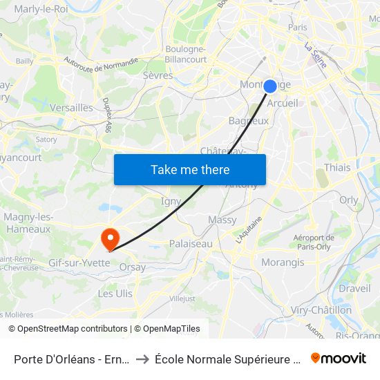 Porte D'Orléans - Ernest Reyer to École Normale Supérieure Paris-Saclay map