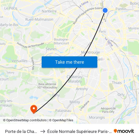 Porte de la Chapelle to École Normale Supérieure Paris-Saclay map