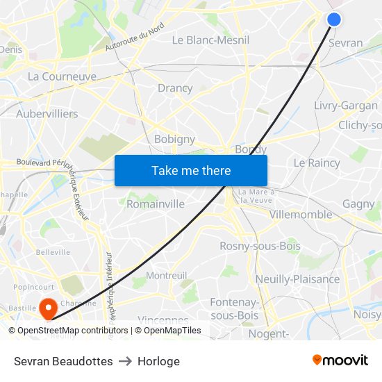 Sevran Beaudottes to Horloge map