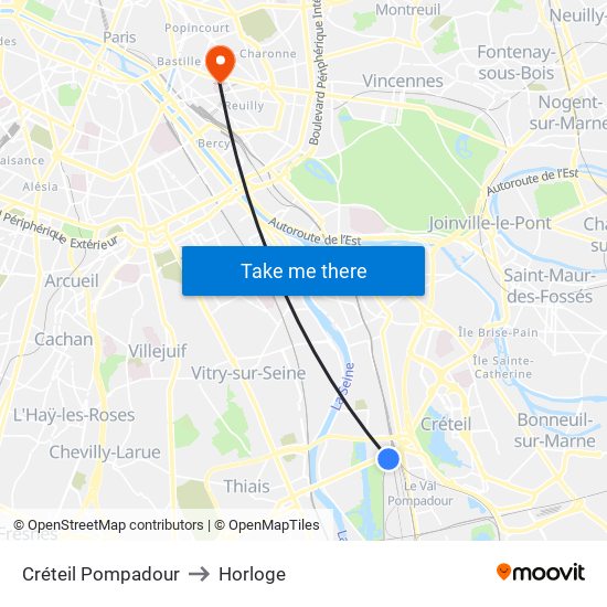 Créteil Pompadour to Horloge map