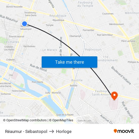 Réaumur - Sébastopol to Horloge map