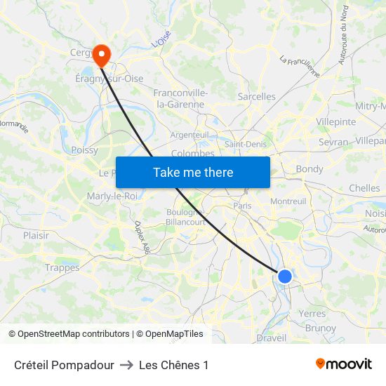Créteil Pompadour to Les Chênes 1 map