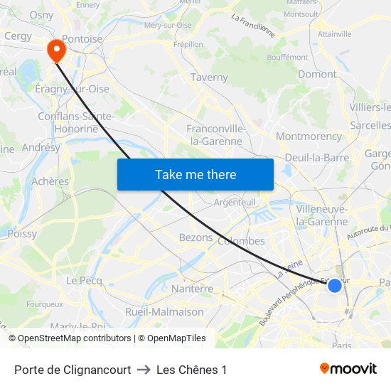 Porte de Clignancourt to Les Chênes 1 map