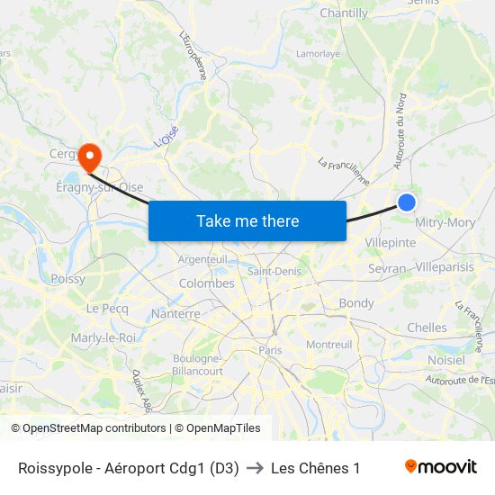Roissypole - Aéroport Cdg1 (D3) to Les Chênes 1 map