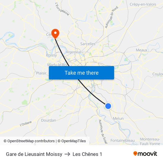 Gare de Lieusaint Moissy to Les Chênes 1 map