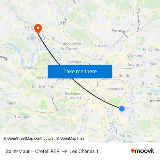 Saint-Maur – Créteil RER to Les Chênes 1 map