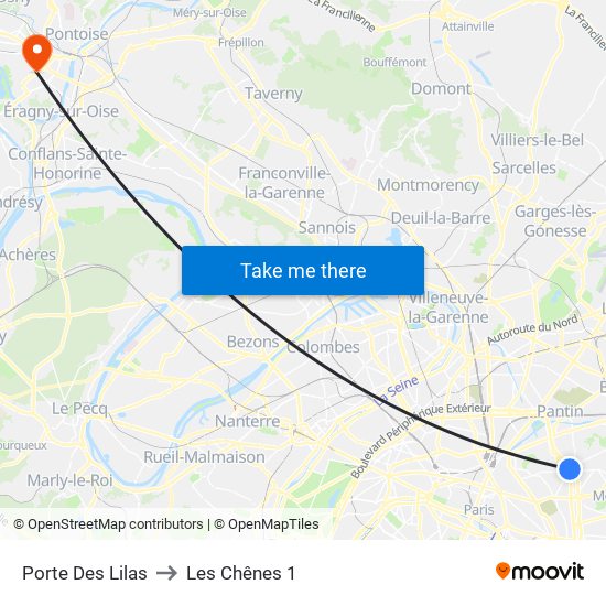 Porte Des Lilas to Les Chênes 1 map
