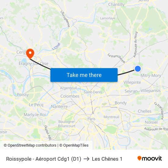 Roissypole - Aéroport Cdg1 (D1) to Les Chênes 1 map