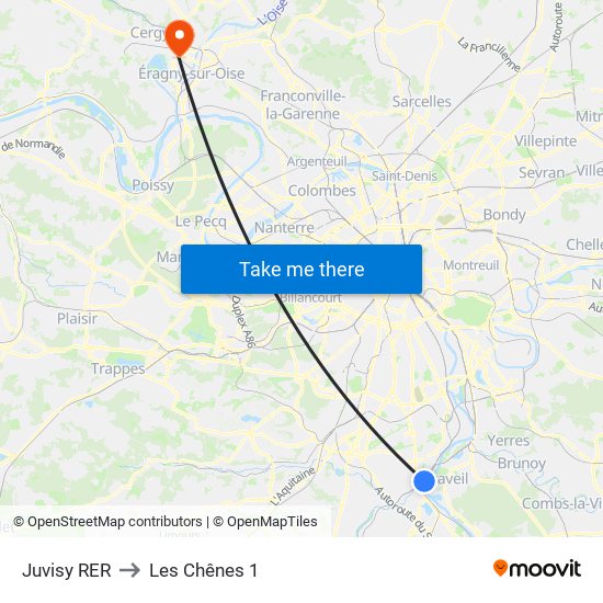 Juvisy RER to Les Chênes 1 map