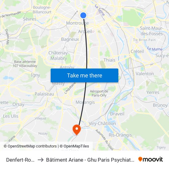 Denfert-Rochereau to Bâtiment Ariane - Ghu Paris Psychiatrie Et Neurosciences map