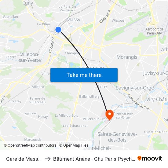 Gare de Massy-Palaiseau to Bâtiment Ariane - Ghu Paris Psychiatrie Et Neurosciences map