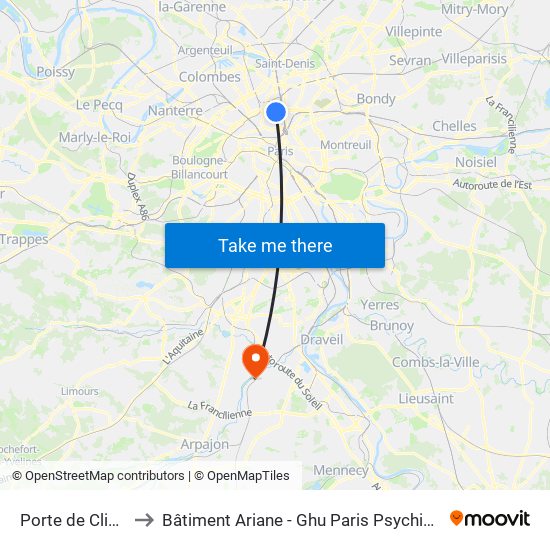 Porte de Clignancourt to Bâtiment Ariane - Ghu Paris Psychiatrie Et Neurosciences map