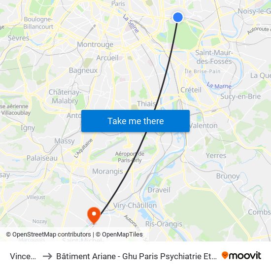 Vincennes to Bâtiment Ariane - Ghu Paris Psychiatrie Et Neurosciences map