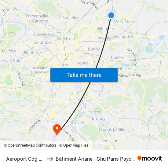 Aéroport Cdg 1 (Terminal 3) to Bâtiment Ariane - Ghu Paris Psychiatrie Et Neurosciences map