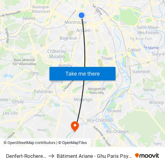 Denfert-Rochereau - Métro-Rer to Bâtiment Ariane - Ghu Paris Psychiatrie Et Neurosciences map