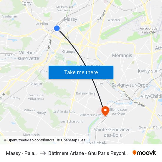 Massy - Palaiseau RER to Bâtiment Ariane - Ghu Paris Psychiatrie Et Neurosciences map