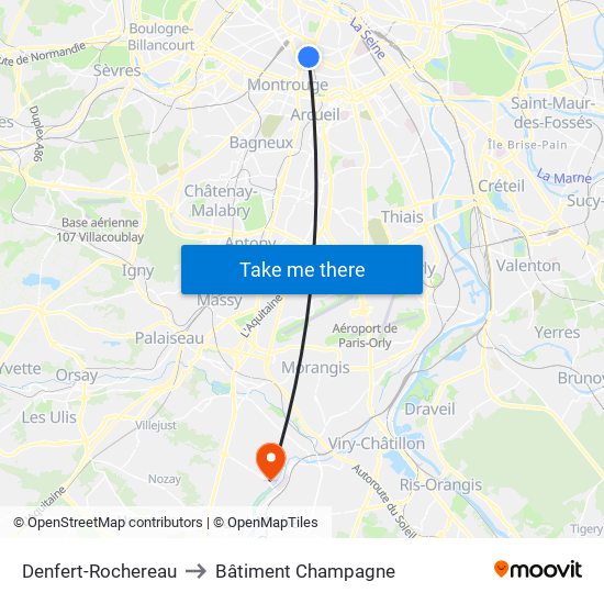 Denfert-Rochereau to Bâtiment Champagne map