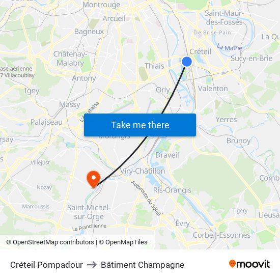 Créteil Pompadour to Bâtiment Champagne map