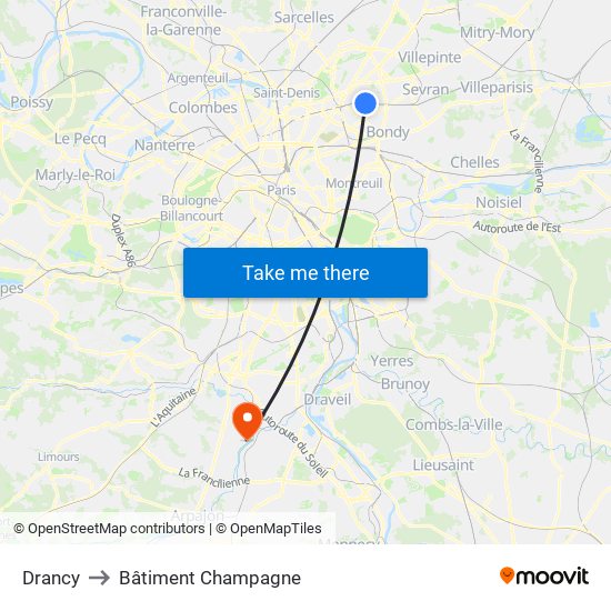 Drancy to Bâtiment Champagne map