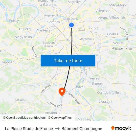 La Plaine Stade de France to Bâtiment Champagne map