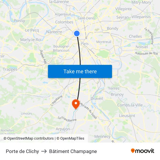 Porte de Clichy to Bâtiment Champagne map