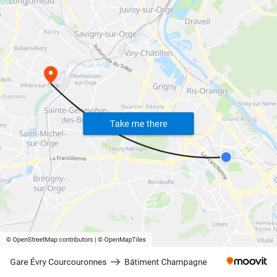 Gare Évry Courcouronnes to Bâtiment Champagne map