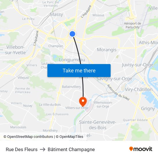 Rue Des Fleurs to Bâtiment Champagne map