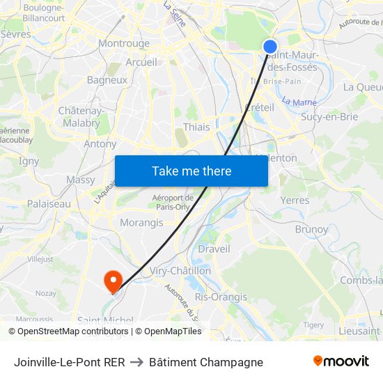 Joinville-Le-Pont RER to Bâtiment Champagne map