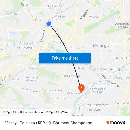 Massy - Palaiseau RER to Bâtiment Champagne map