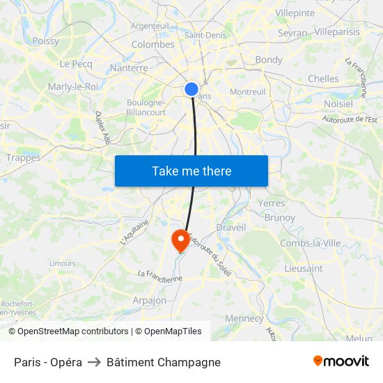 Paris - Opéra to Bâtiment Champagne map