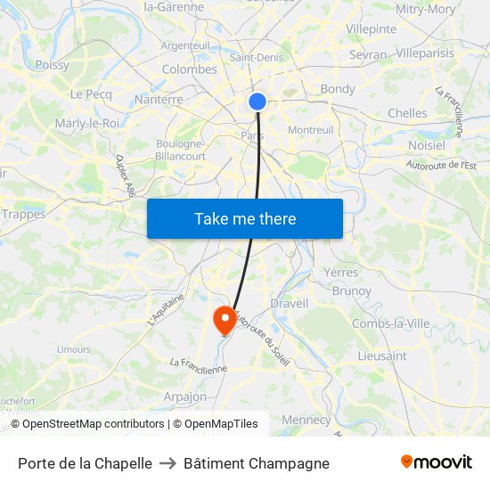 Porte de la Chapelle to Bâtiment Champagne map