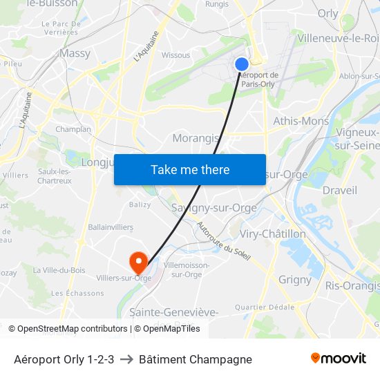 Aéroport Orly 1-2-3 to Bâtiment Champagne map