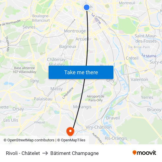 Rivoli - Châtelet to Bâtiment Champagne map