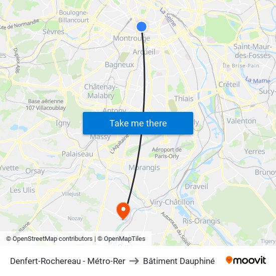 Denfert-Rochereau - Métro-Rer to Bâtiment Dauphiné map