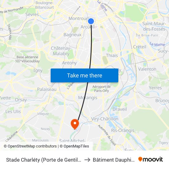 Stade Charléty (Porte de Gentilly) to Bâtiment Dauphiné map