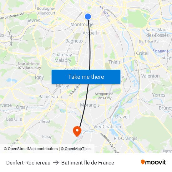 Denfert-Rochereau to Bâtiment Île de France map
