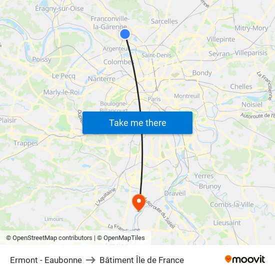 Ermont - Eaubonne to Bâtiment Île de France map