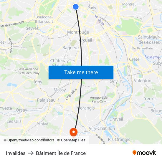 Invalides to Bâtiment Île de France map