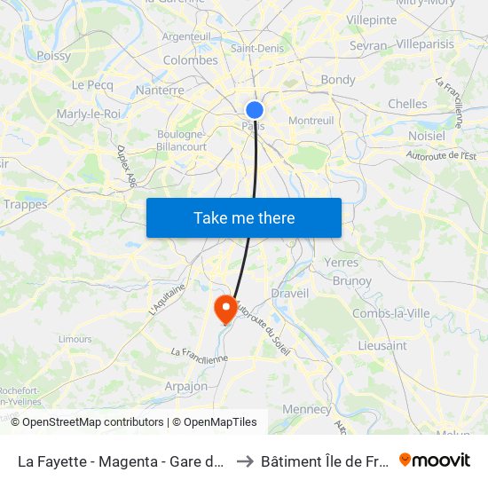 La Fayette - Magenta - Gare du Nord to Bâtiment Île de France map
