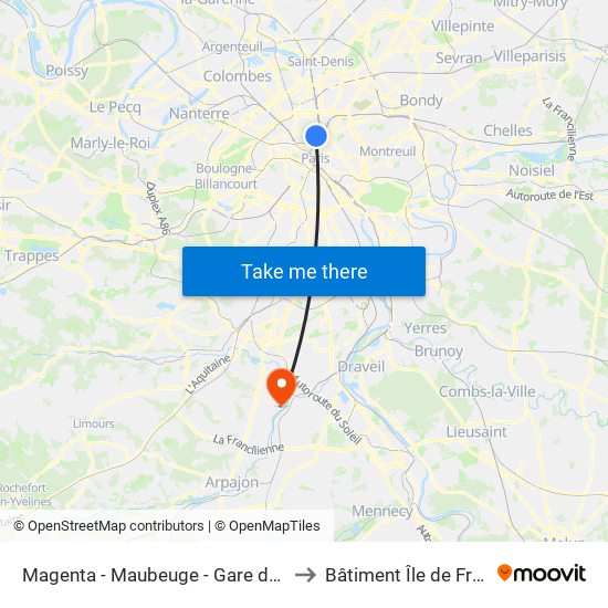 Magenta - Maubeuge - Gare du Nord to Bâtiment Île de France map
