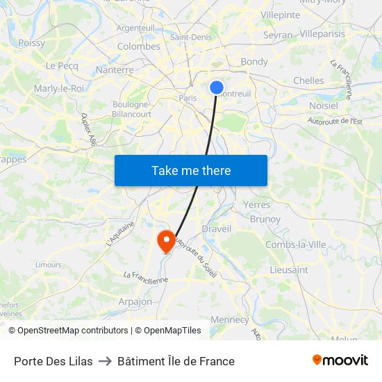 Porte Des Lilas to Bâtiment Île de France map